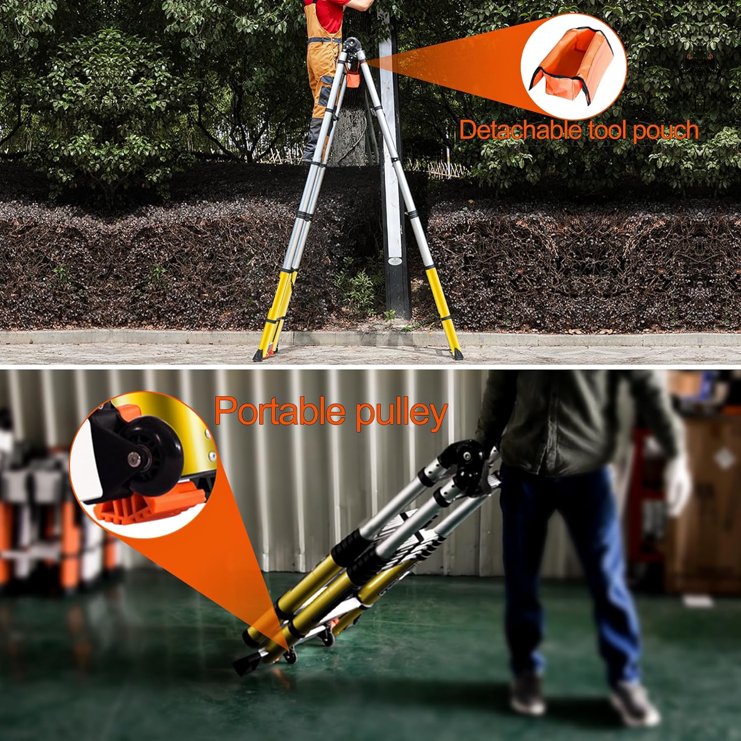 Escalera telescópica de 18 pies con marco A portátil, de aluminio, plegable hasta 38 pulgadas de ancho. Estabilizador/ruedas/soporte de carga ajustable, plegable, escaleras de escalón de 7 + 7 pies-llave inglesa