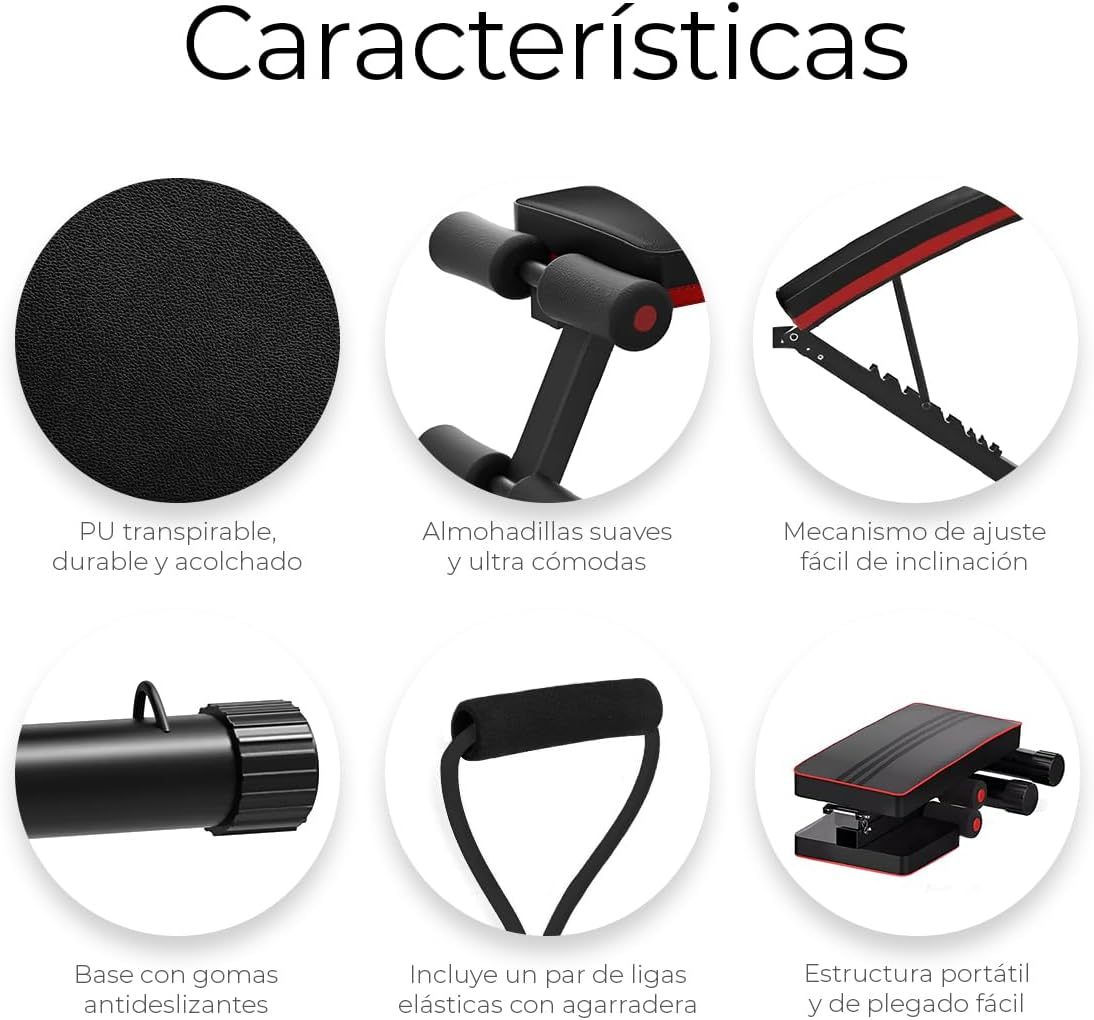 Raganet, Banco Fitness Multiposiscion, Banco de Addominales con 2 Ligas Incluidas, Asiento de Pesas Ajustable en 7 Posiciones, Soporta Hasta 250Kg, Negro