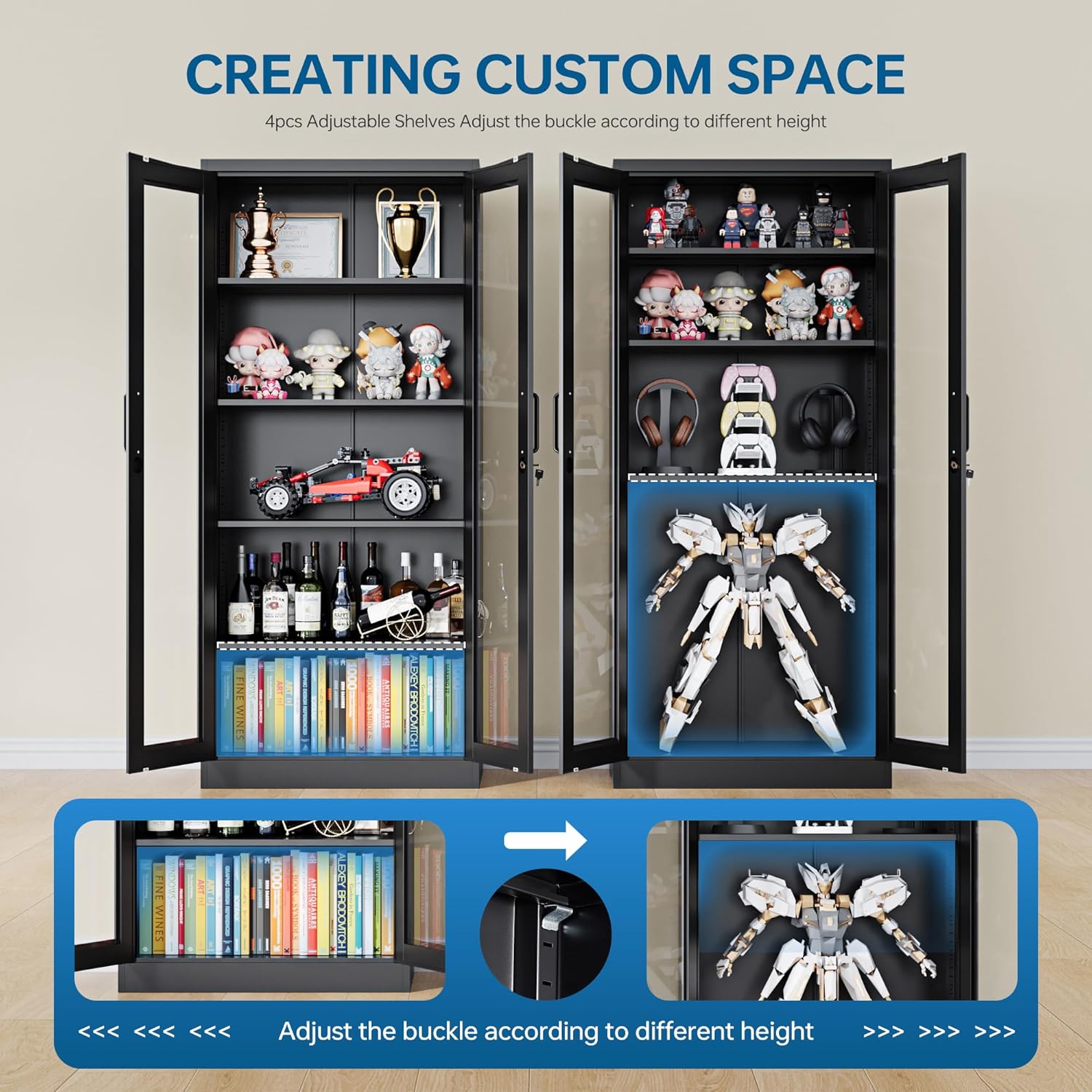 PEUKC - Vitrina con puertas de vidrio, vitrinas con 4 estantes ajustables y cerradura para el hogar, la oficina, la clínica, la despensa, requiere ensamblaje, negro, color madera