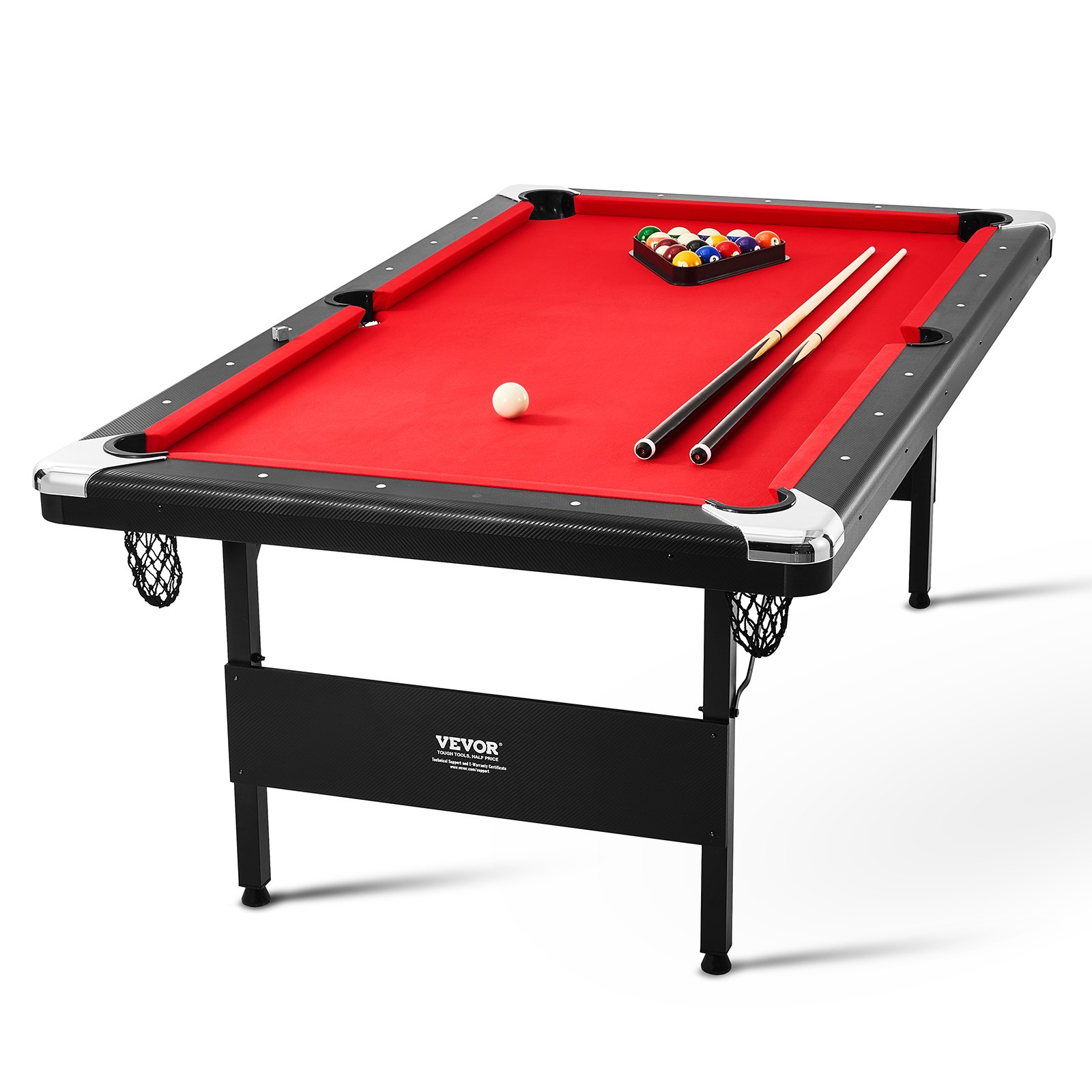 Mesa de Billar 213,4x120x80,5 cm Kit de Billar Plegable y Portátil Set Completo de Accesorios con Bolas, Tacos, Tizas y Pincel Color Negro con Tela Roja para Sala de Juegos, Hogar, Club, Bar