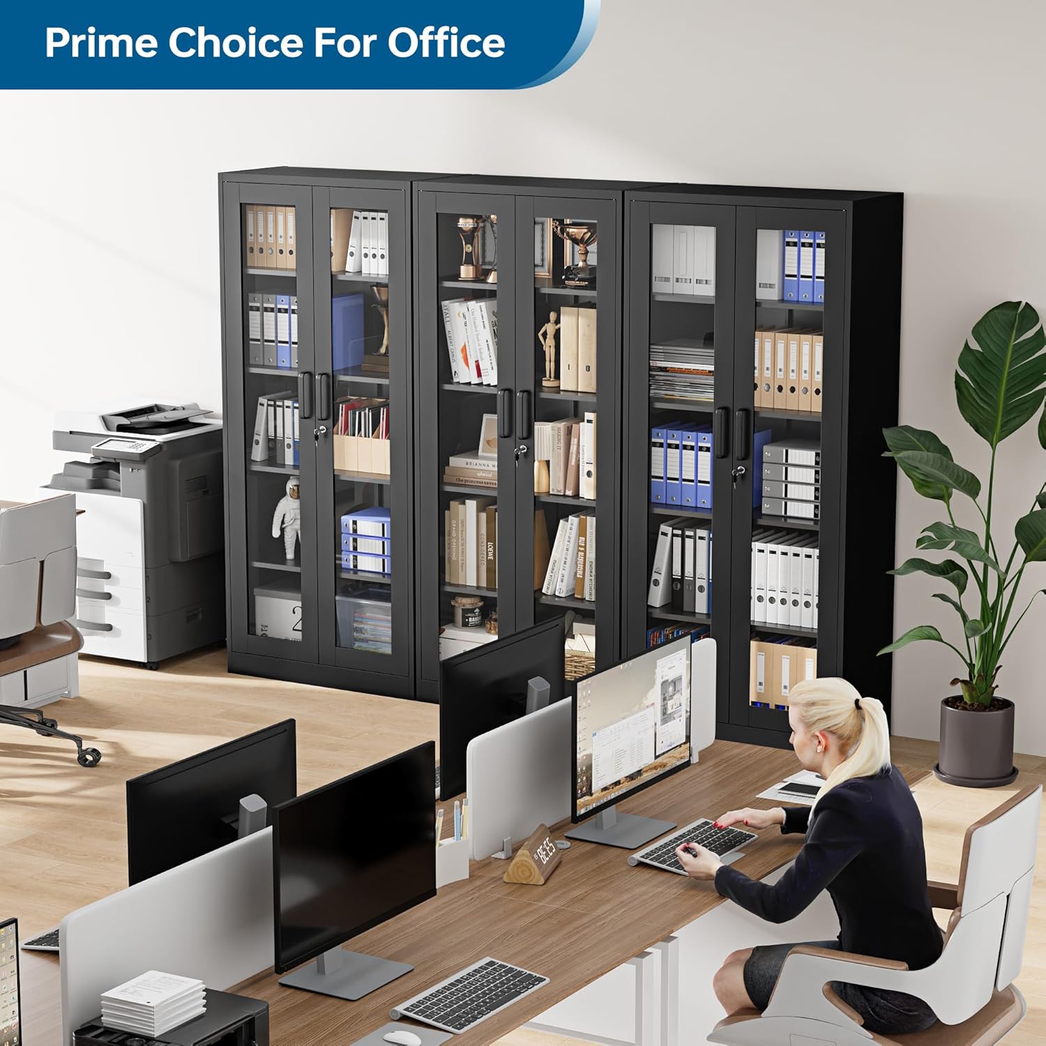 PEUKC - Vitrina con puertas de vidrio, vitrinas con 4 estantes ajustables y cerradura para el hogar, la oficina, la clínica, la despensa, requiere ensamblaje, negro, color madera