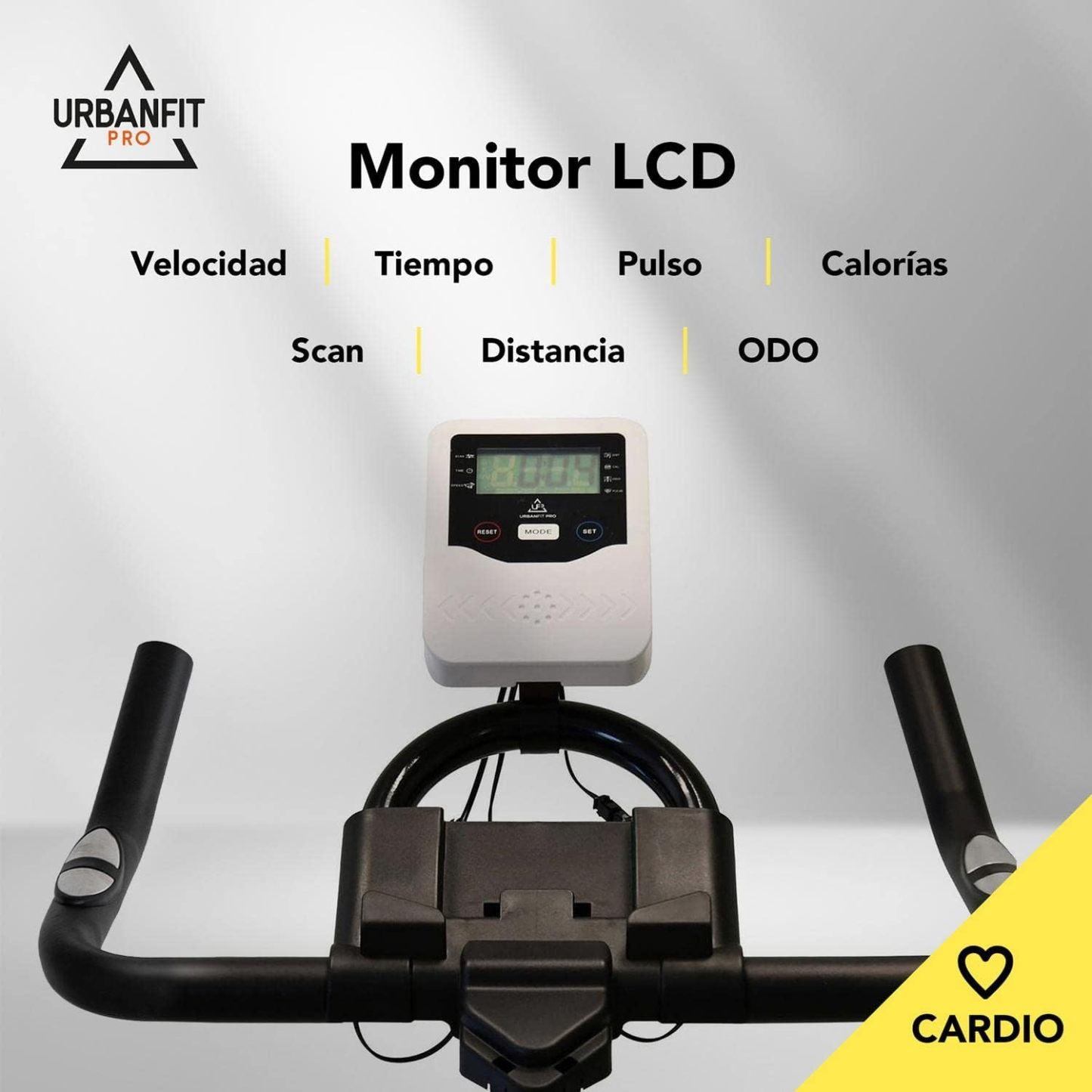 Bicicleta Fija para Spinning UrbanFit Pro Fitness Cardio de 15 Kg – Monitor Electrónico con 7 Funciones – Completamente Ajustable – Bici Fija para Spinning – Entrenamiento Cardio en Casa – Resistente y Fácil de Instalar – Variedad de Colores