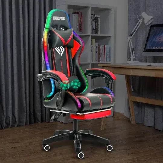 Silla Gaming RGB con Luces LED y Masaje Silla de Computadora Ergonómica Silla de Videojuego de Respaldo Alto con Reposapiés y Soporte Lumbar Ajustable Reposabrazos de Enlace