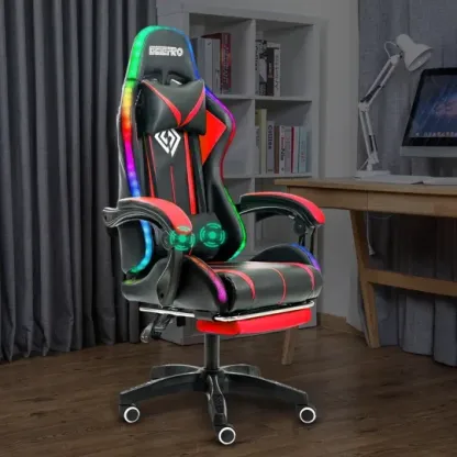 Silla Gaming RGB con Luces LED y Masaje Silla de Computadora Ergonómica Silla de Videojuego de Respaldo Alto con Reposapiés y Soporte Lumbar Ajustable Reposabrazos de Enlace