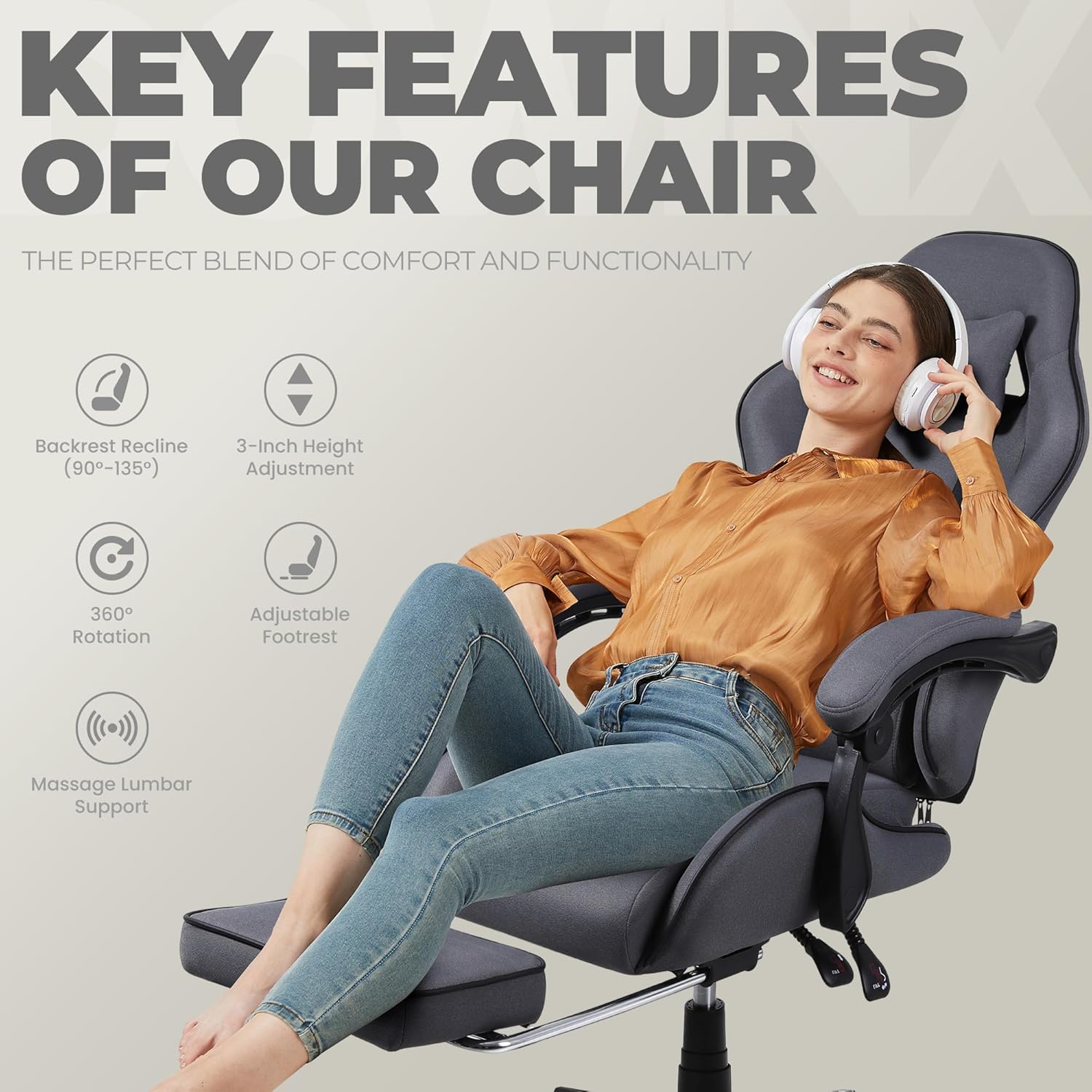 Dowinx - Silla de Juego de Tela con cojín de Resorte de Bolsillo, Silla de Juego de Masaje con reposacabezas, Silla ergonómica de computadora con reposapiés de 300 Libras, Negro y Gris