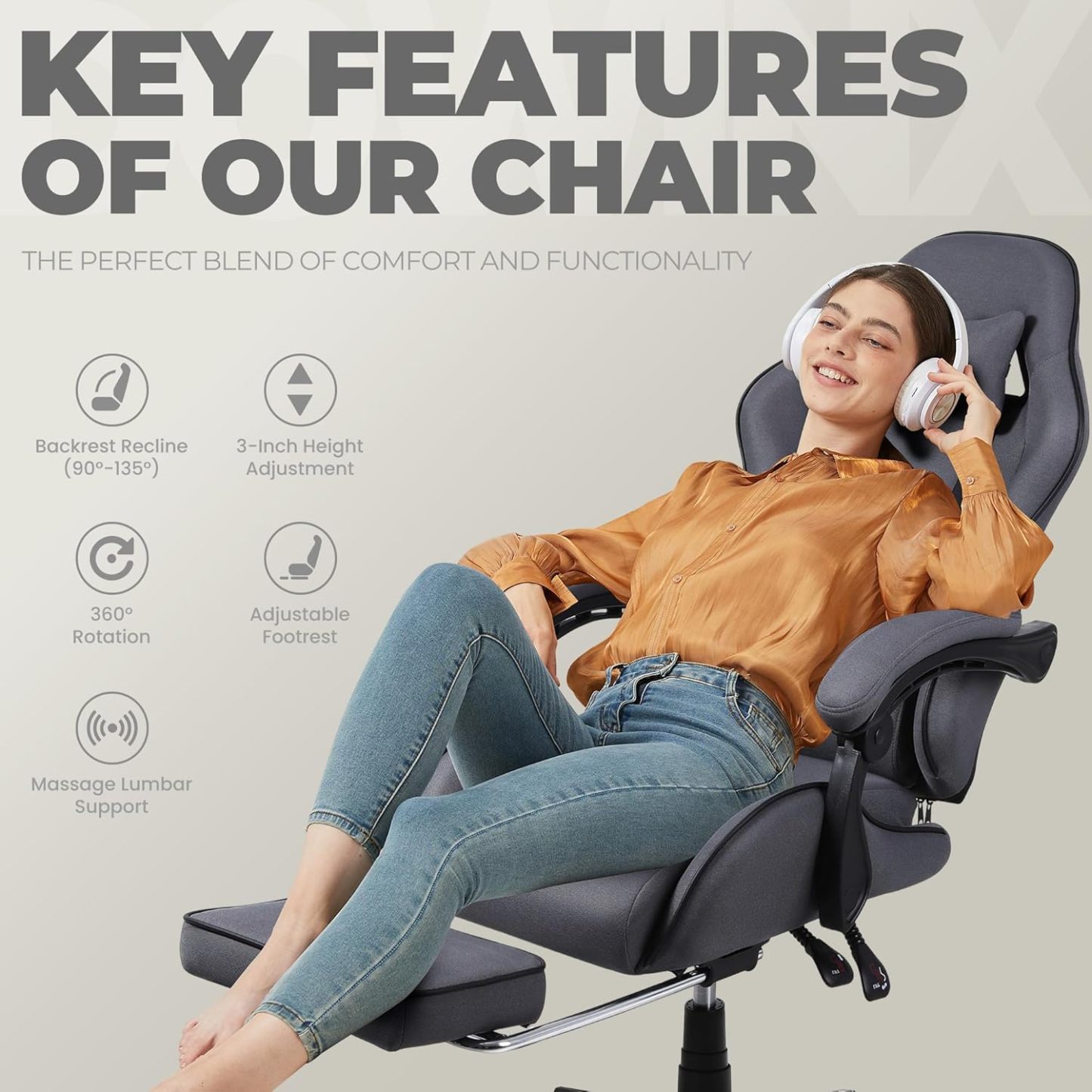 Dowinx - Silla de Juego de Tela con cojín de Resorte de Bolsillo, Silla de Juego de Masaje con reposacabezas, Silla ergonómica de computadora con reposapiés de 300 Libras, Negro y Gris