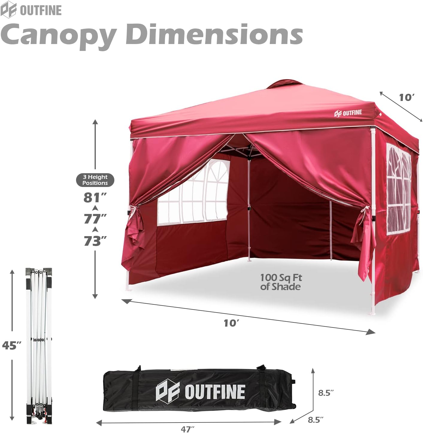 OUTFINE - Toldo desplegable de 10 x 10 pies, para cenador instantáneo, totalmente impermeable, toldos para fiestas al aire última intervensión con 4 paredes laterales extraíbles, estacas x 8, cuerdas x 4 (negro, 10 x 10 pies)