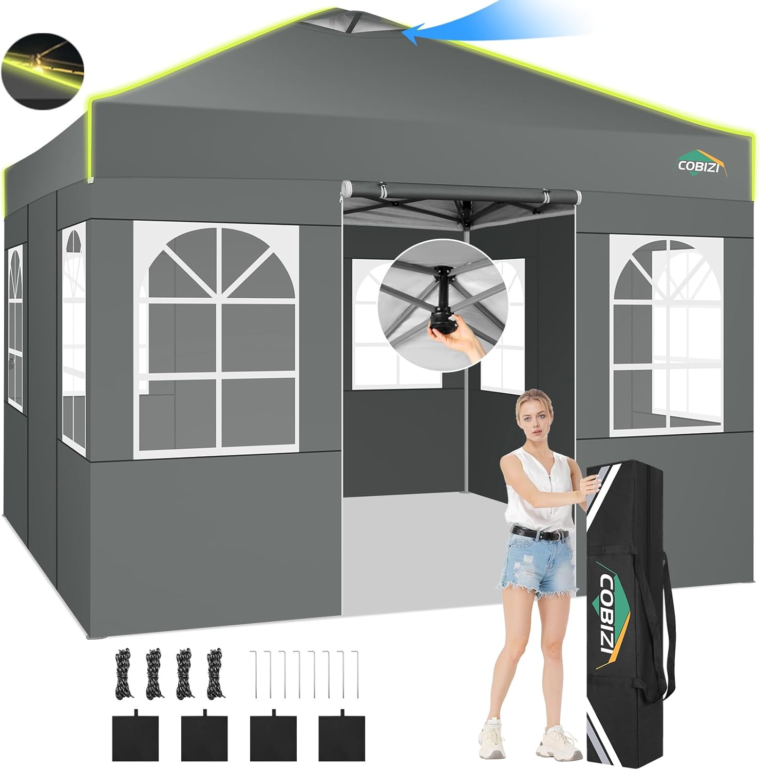 COBIZI - Tienda de campaña desplegable de 10 x 20 Pulgadas, Tienda de campaña instantánea Comercial para Bodas, Fiestas con 3 Altura Ajustable, toldo Ez Up para Exteriores, Impermeable, UPF50+ con