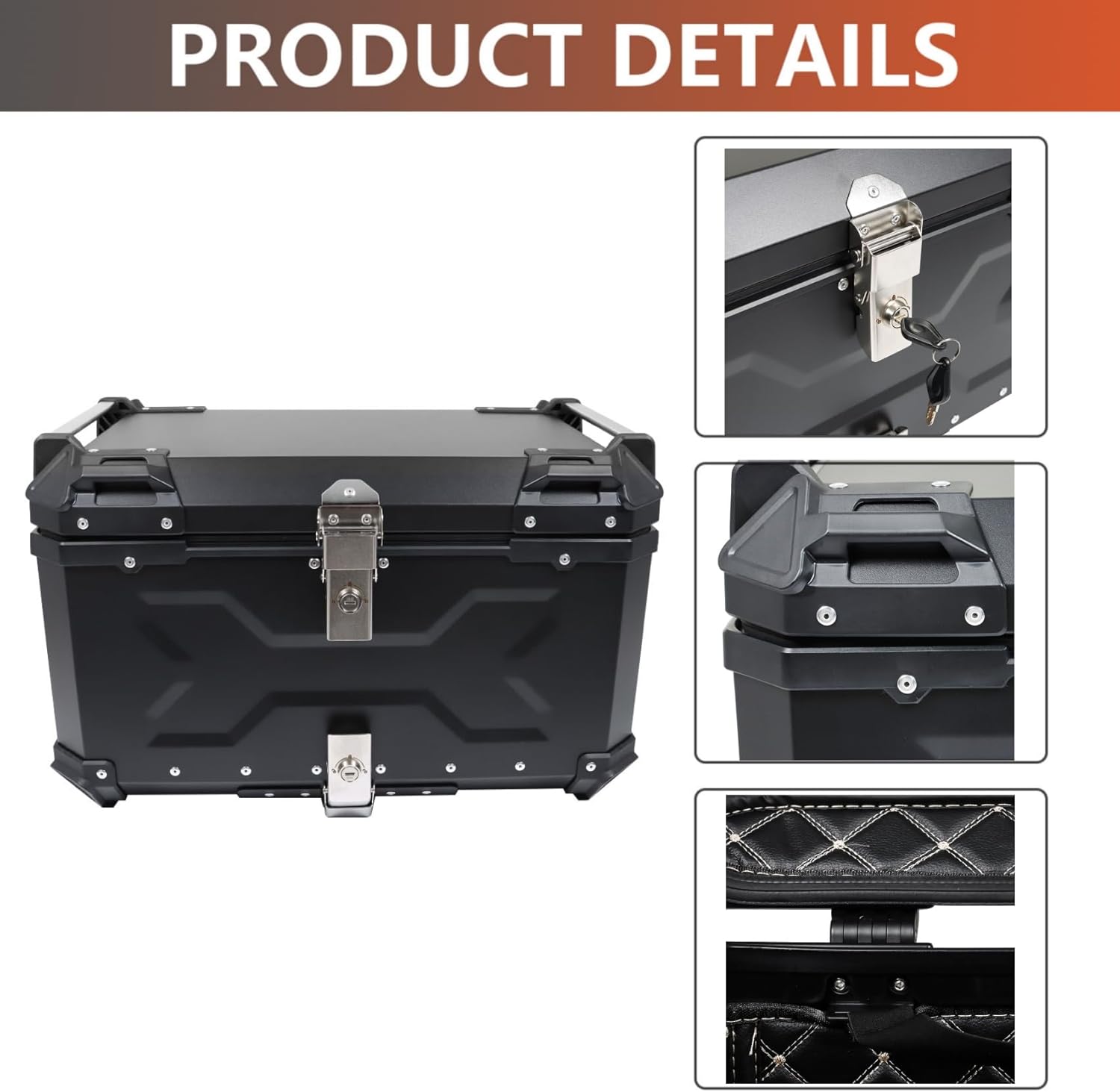 Labwork - Caja trasera para motocicleta de 45 l, con placa de montaje, aleación de aluminio dura, cierre de seguridad contra robo, metal plateado, caja trasera para maletero