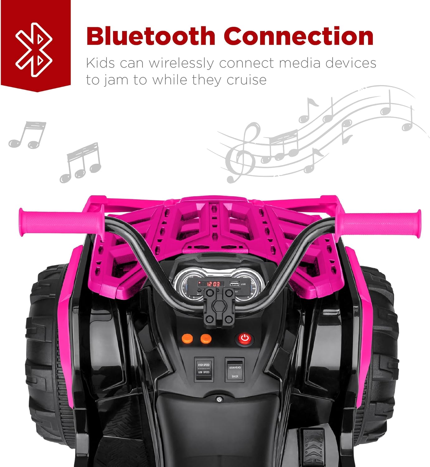 Best Choice Products 12V ATV eléctrico para niños de 4 ruedas con audio Bluetooth, velocidad máxima de 3.7 mph, neumáticos con banda de rodadura, faros LED, radio, color negro