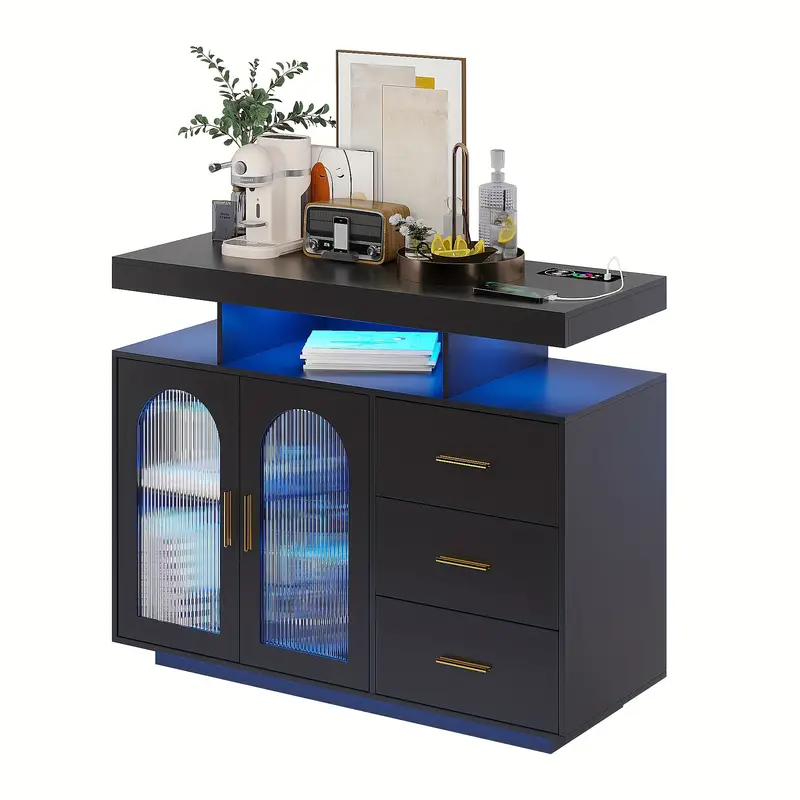 Mueble de buffet LED de 40" con estación de carga inalámbrica, aparador regulable RGB de 20 colores con sensor automático de inducción corporal, mueble de aparador con 1 puerto USB y tipo C y 3 cajones.