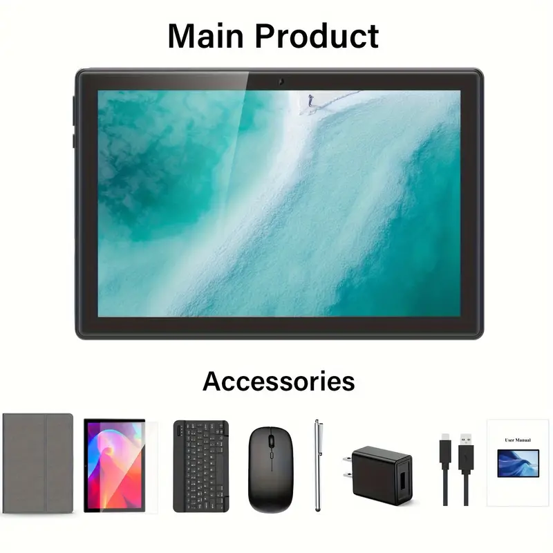 10 Inch 2-in-1 Android Tablet - 4GB RAM, 64GB ROM, 1TB Expand, Android 13, WiFi, Wireless, GMS, with Keyboard, Mouse, Case, and Stylus