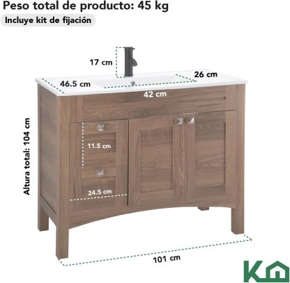 Kingshouse | Gabinete para Baño con Ovalín y Monomando – Mueble de Baño Lavamanos con 2 Cajones – Lavabo – Gabiente Organizador - Color Gris Mate – Fibra de Madera MDF – Lavamanos De Cerámica