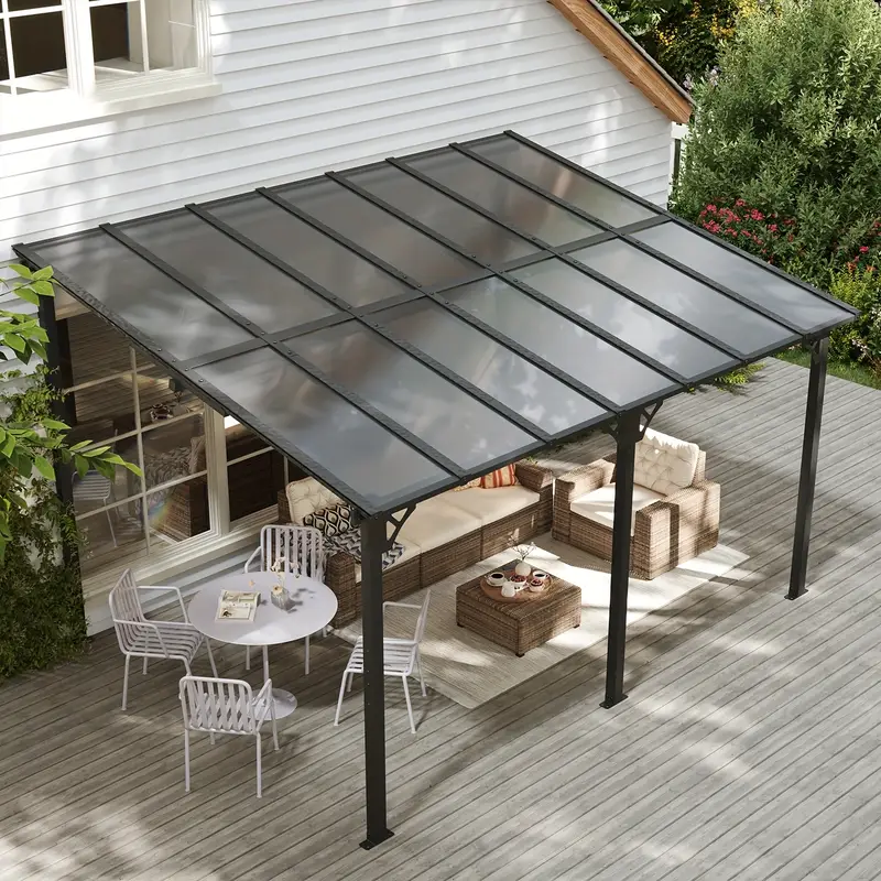   10x14 heavy duty wall mounted pergola gazebo black aluminum outdoor awning with clear panels for patio deck and backyard   outdoor events relaxation patio cover wallmounted gazebo sturdy installation patio decor details 1