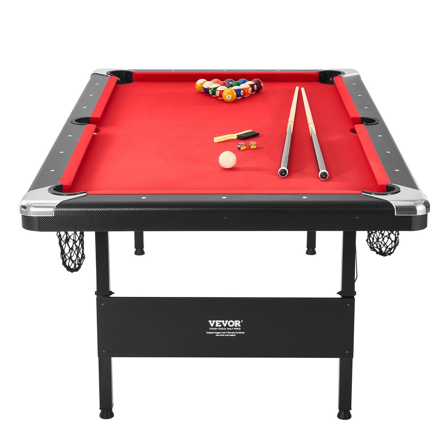 Mesa de Billar 213,4x120x80,5 cm Kit de Billar Plegable y Portátil Set Completo de Accesorios con Bolas, Tacos, Tizas y Pincel Color Negro con Tela Roja para Sala de Juegos, Hogar, Club, Bar