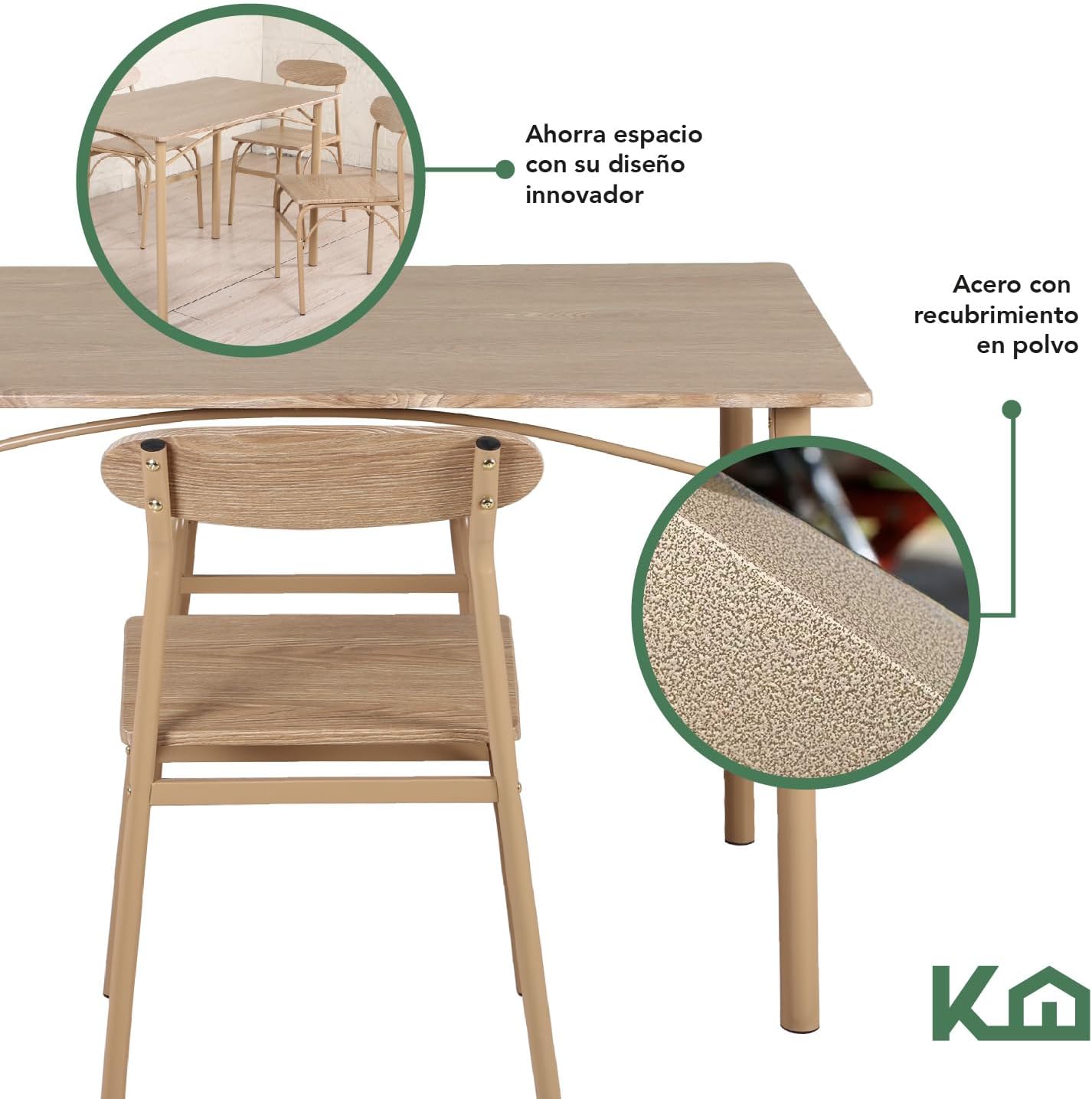 Kingshouse | Comedor 4 Sillas con Mesa – Madera MDF Estructura Metálica - Negro – Moderno Minimalista - para 4 Personas