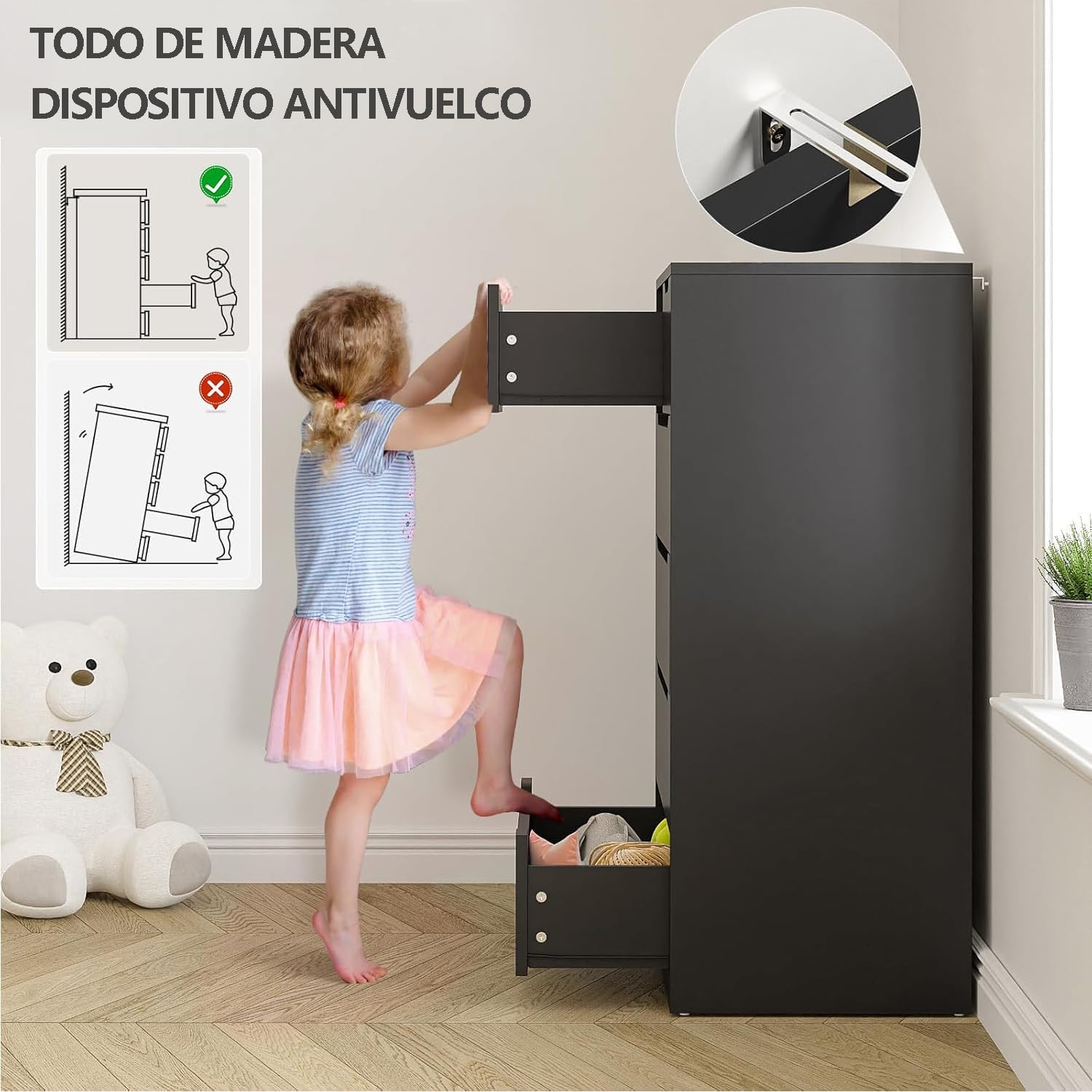 UNKKS Cajonera para Recamara para Hogar Y Oficina, Cómoda de 6 Cajones de Madera y riel de Metal Liso,Cómoda de Madera Grande y Cómoda para Recámara 70 * 40 * 110CM (Negro)