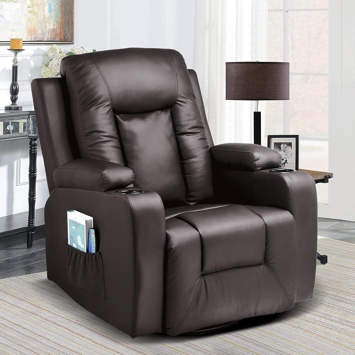 COMHOMA - Silla reclinable giratoria, mecedora de poliuretano para adultos, con masaje y calor, portavasos, bolsillos laterales, para sala de estar y recámara