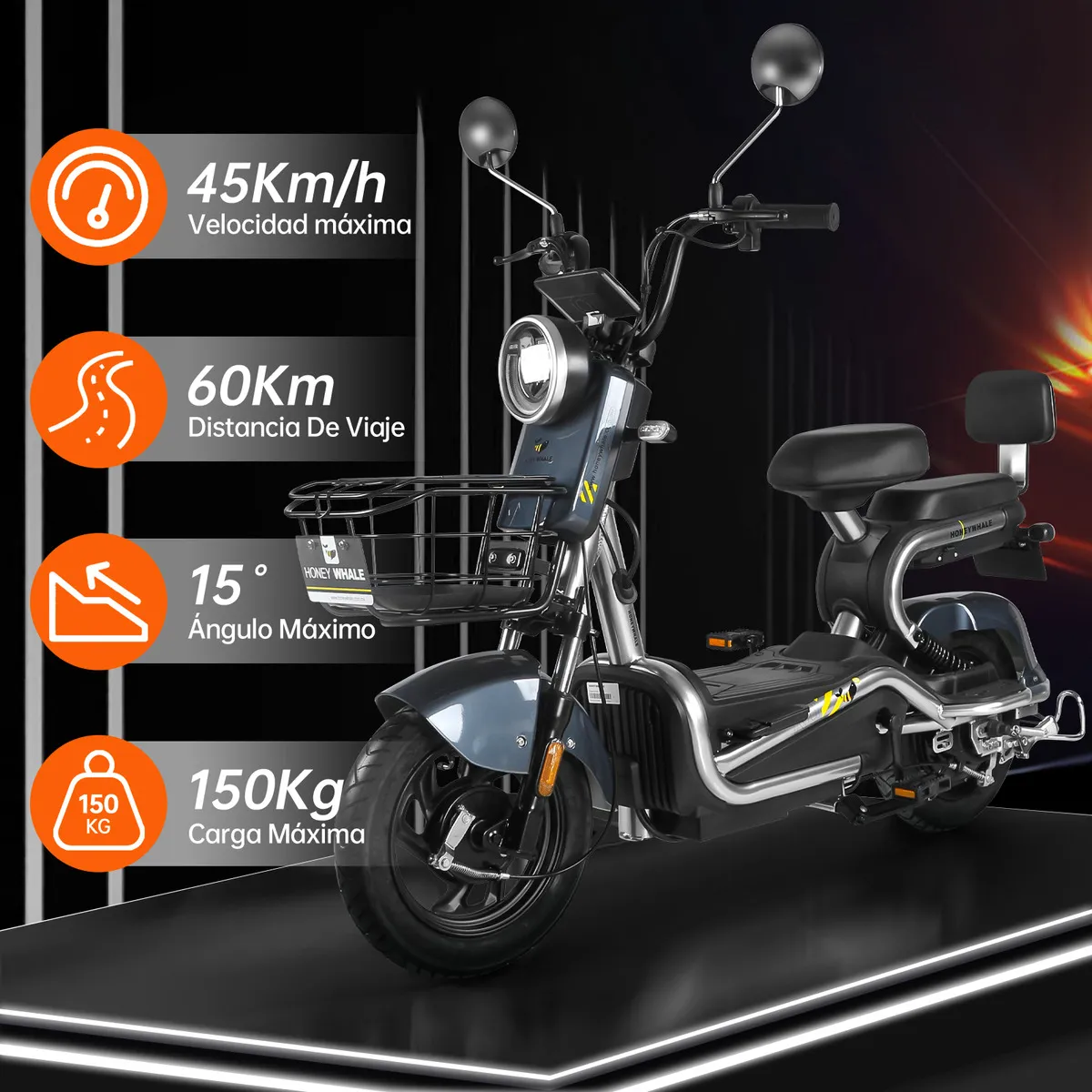 HONEY WHALE KC Bicicleta El&eacute;ctrica 45KM/H-700W-60KM-20AH-(MAX)Velocidad-Potencia-Autonom&iacute;a-Capacidad de la Bater&iacute;a, Moto Bici, Alarma antirrobo, Amortiguaci&oacute;n de doble muelle HONEYWHALE