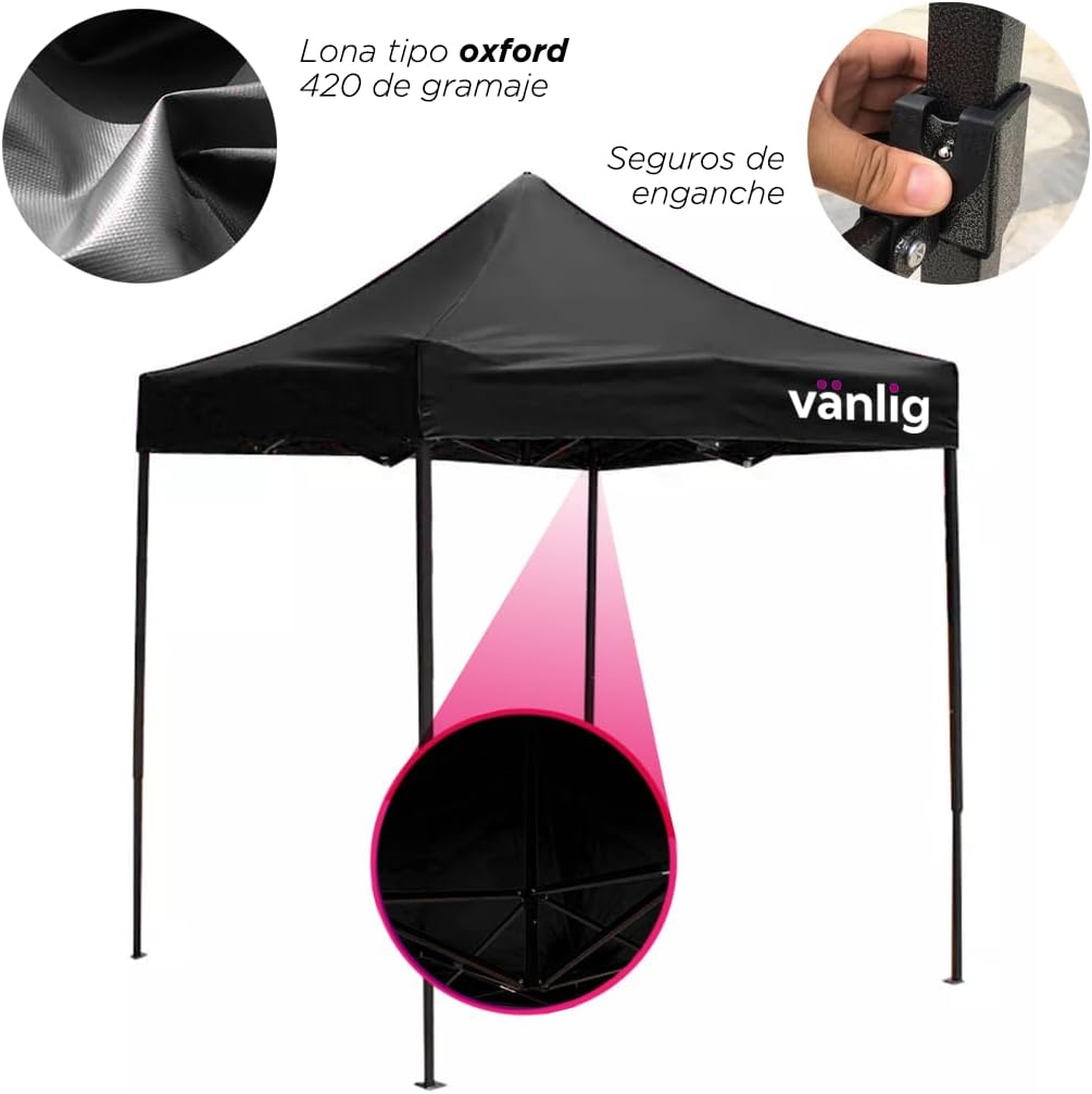 VANLIG | Carpa Toldo Plegable 2x2m | Impermeable, para Uso Temporal y Comercial | Fácil de Armar | Protección Solar UV | Ideal para Jardín, Eventos y Exterior | Color Negro