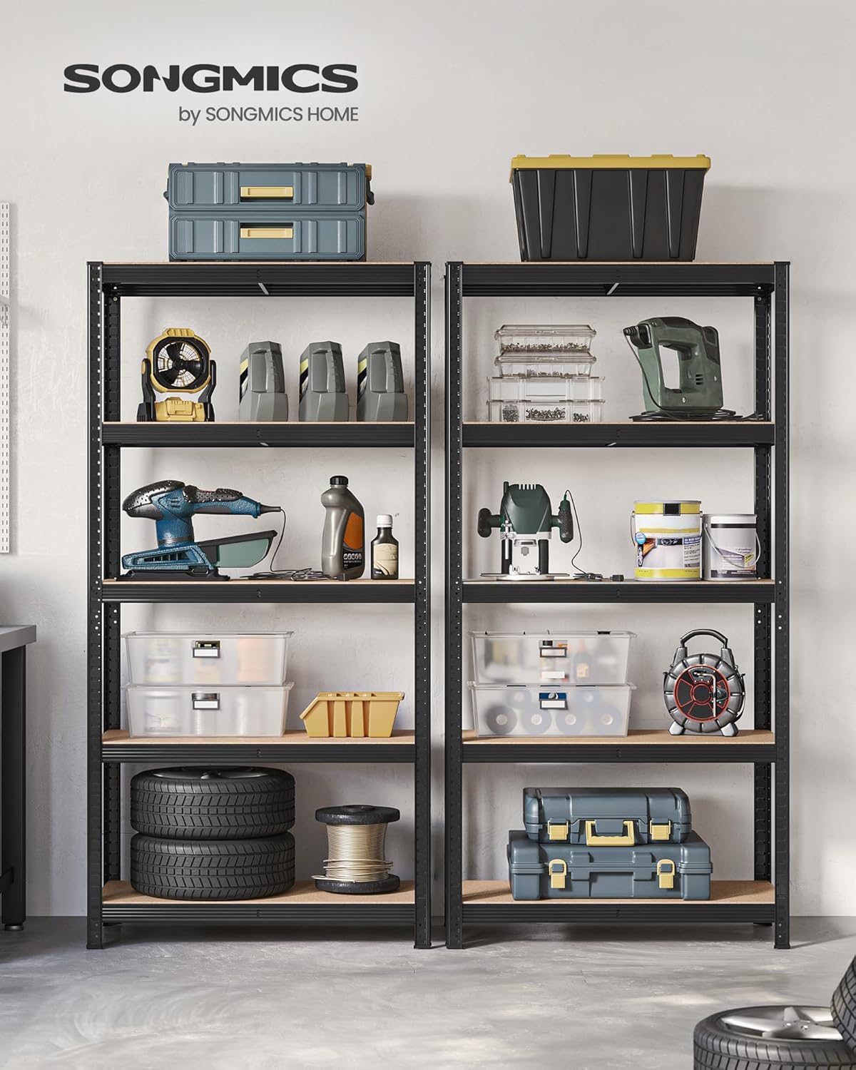 SONGMICS Juego de 2, Estantería Pesada de 5 Niveles, Estantería de Acero, Montaje sin Herramientas, 40 x 90 x 180 cm, Negro MGLR042B01