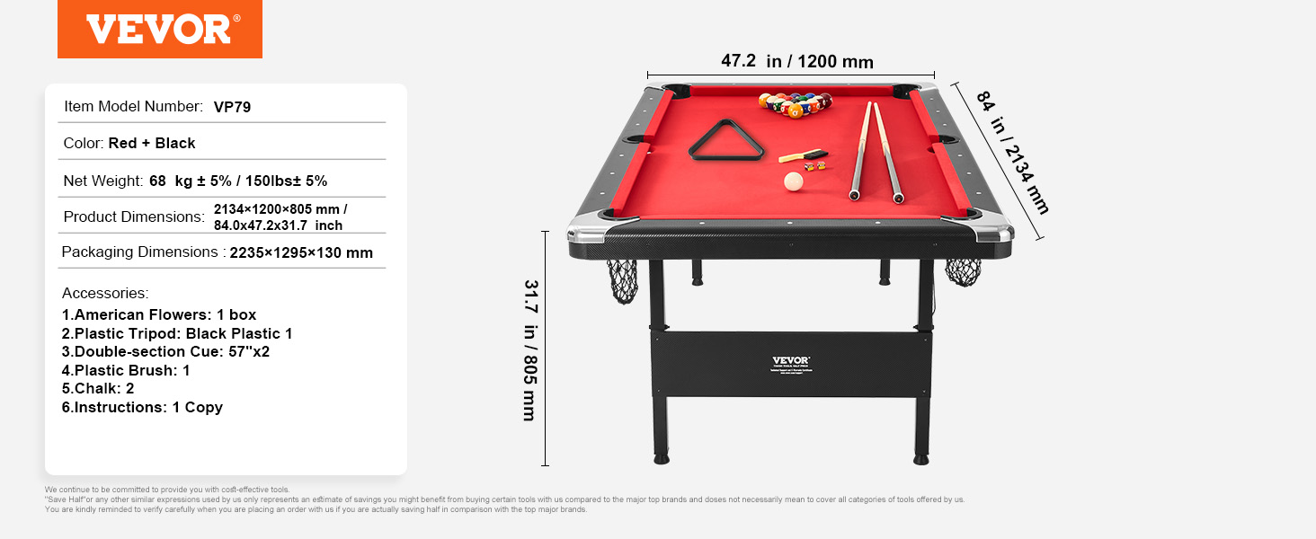 Mesa de billar VEVOR, marco negro con fieltro rojo, accesorios de billar incluidos, dimensiones mostradas.