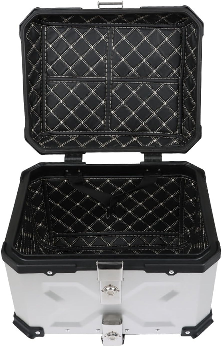 Labwork - Caja trasera para motocicleta de 45 l, con placa de montaje, aleación de aluminio dura, cierre de seguridad contra robo, metal plateado, caja trasera para maletero