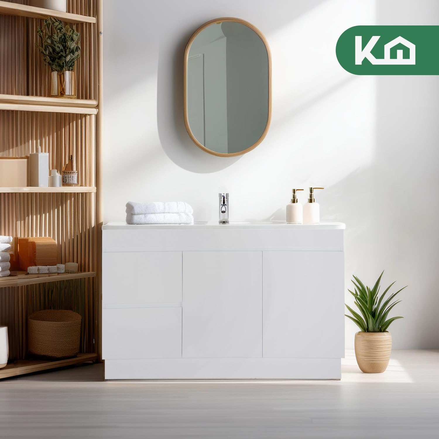 Kingshouse | Gabinete para Baño con Ovalín y Monomando – Mueble de Baño Lavamanos con 2 Cajones – Lavabo – Gabiente Organizador - Color Gris Mate – Fibra de Madera MDF – Lavamanos De Cerámica
