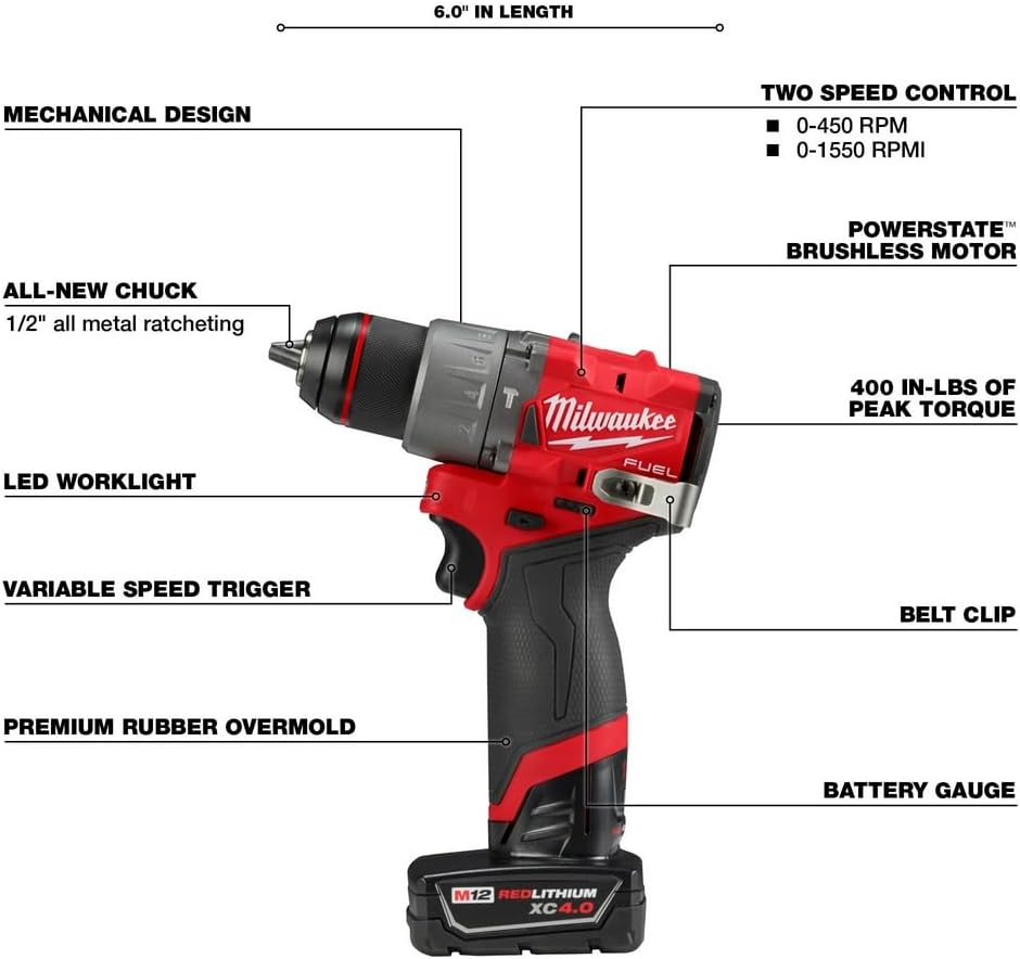 Milwaukee M12 FUEL Kit combinado de taladro percutor inalámbrico y destornillador de impacto sin escobillas de 12 voltios con tecnología de iones de litio, con baterías y bolsa (2 herramientas)