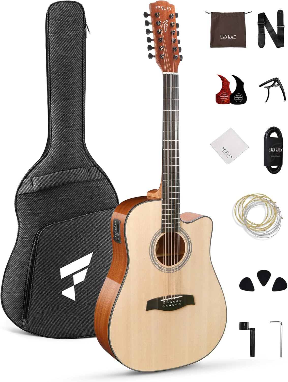 Fesley Guitarra de 12 cuerdas, guitarras eléctricas acústicas de tamaño completo para adultos, guitarra de abeto superior acústica, paquete de guitarra recortada con bolsa de concierto, púas, cuerdas, correa, natural
