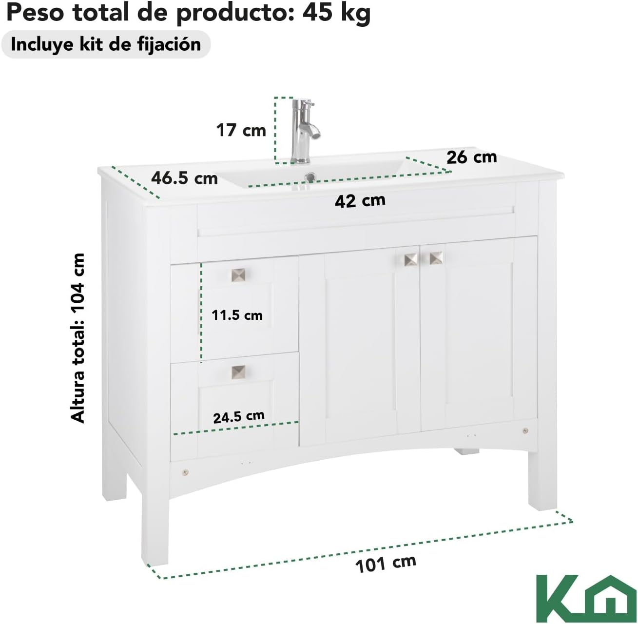 Kingshouse | Gabinete para Baño con Ovalín y Monomando – Mueble de Baño Lavamanos con 2 Cajones – Lavabo – Gabiente Organizador - Color Gris Mate – Fibra de Madera MDF – Lavamanos De Cerámica