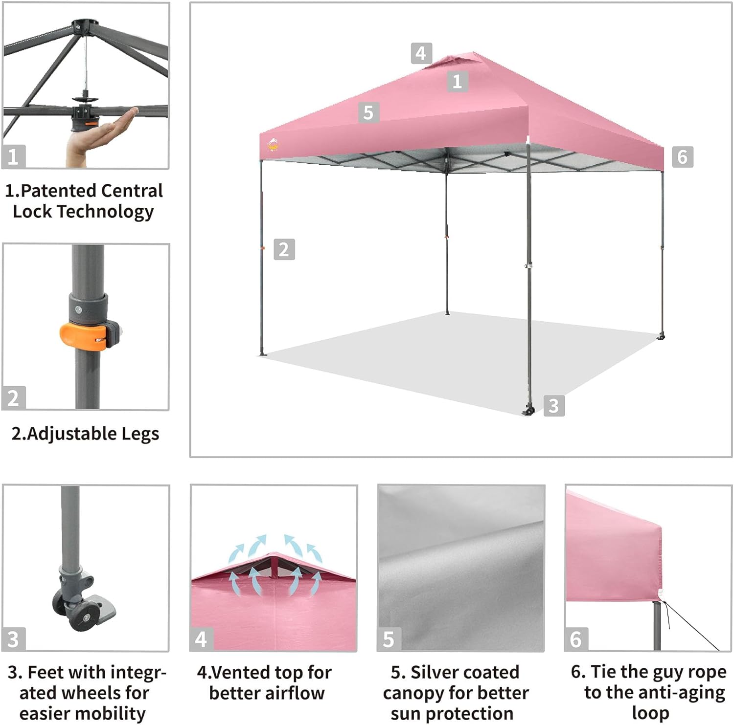 CROWN SHADES - Toldo desplegable de 3.60 x 3.60 metros, toldo patentado de un empuje con bolsa de transporte con ruedas, 8 estacas y 4 cuerdas, negro