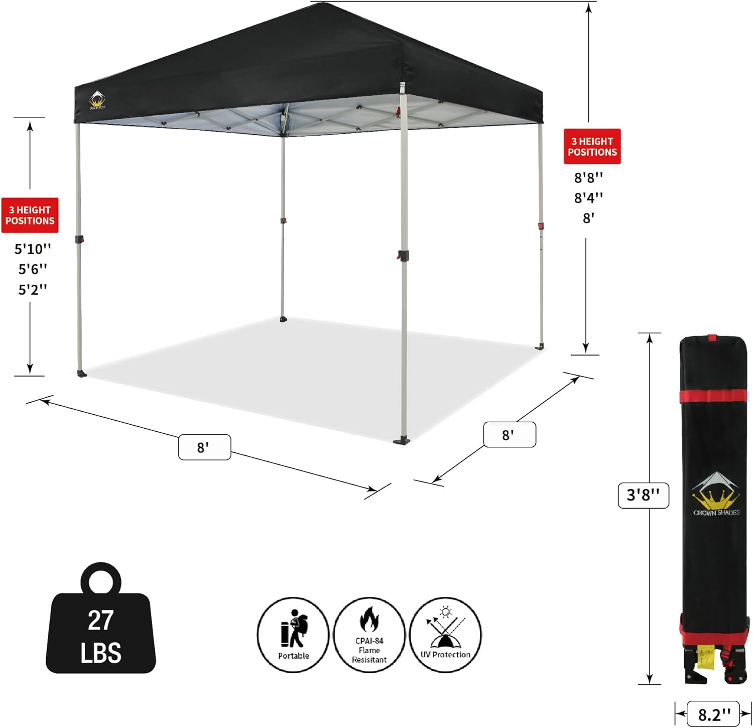 CROWN SHADES - Toldo desplegable de 3.60 x 3.60 metros, toldo patentado de un empuje con bolsa de transporte con ruedas, 8 estacas y 4 cuerdas, negro