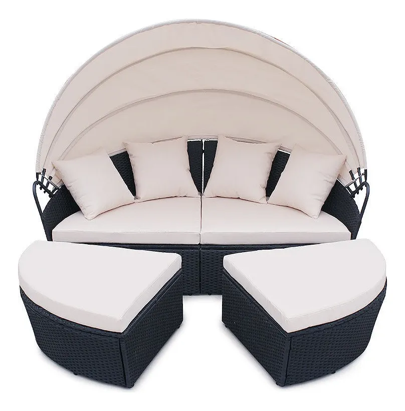 Camastro Sala Jardín Lounge Mimbre Con Toldo Retráctil Ilios Innova Negro y Blanco