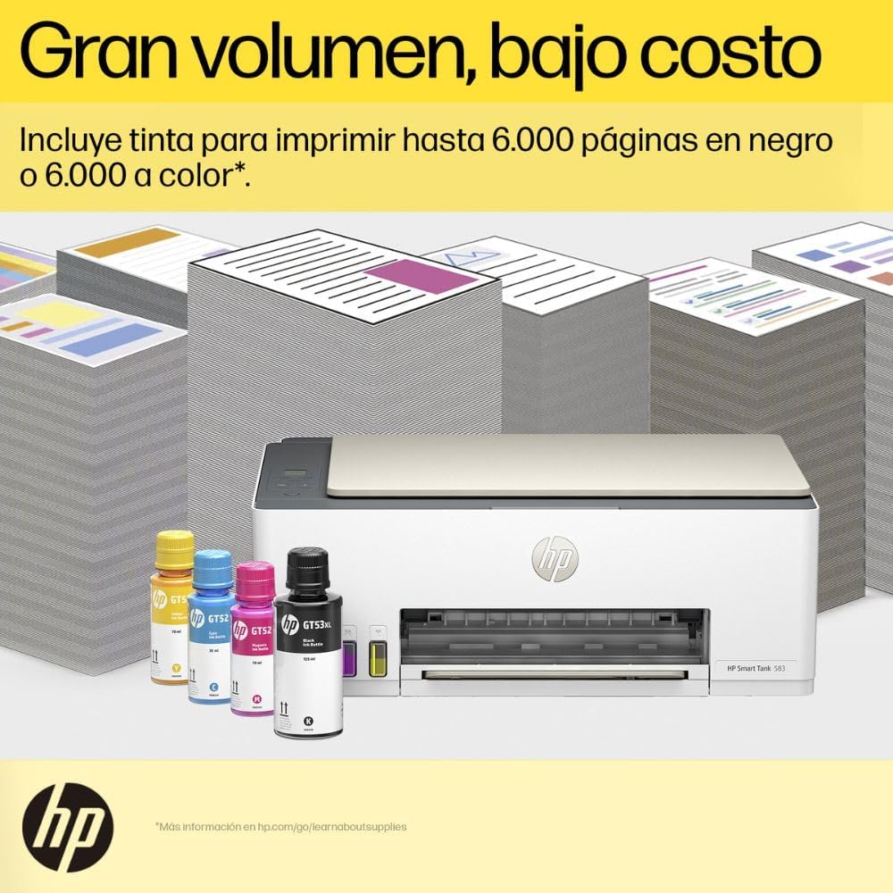 HP Impresora Multifuncional Smart Tank 585, Tinta Continua, Color, Wi-Fi, Dúplex (Doble Cara) Manual, Impresión Desde Smart App, hasta 2 años de Garantía* (1F3Y4A)