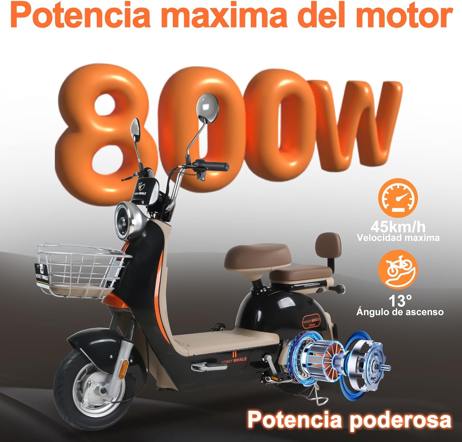 HONEYWHALE UNA Bicicleta Electrica para Adultos, Moto Electrica con Alarma, Potencia Motor MAX 800W, Velocidad MAX 45KM/H, Autonomía 60KM, Bateria 20AH de Gran Capacidad