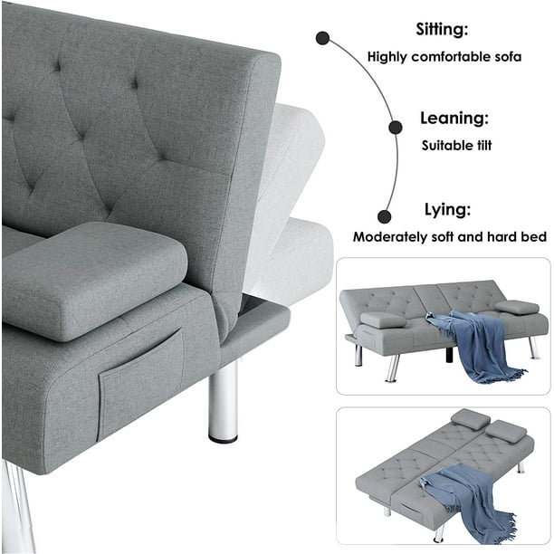 Homfa Sofá cama futón convertible, sofá cama plegable de 66.3 pulgadas con reposabrazos extraíbles y 2 portavasos para sala de estar, acabado gris-almohada