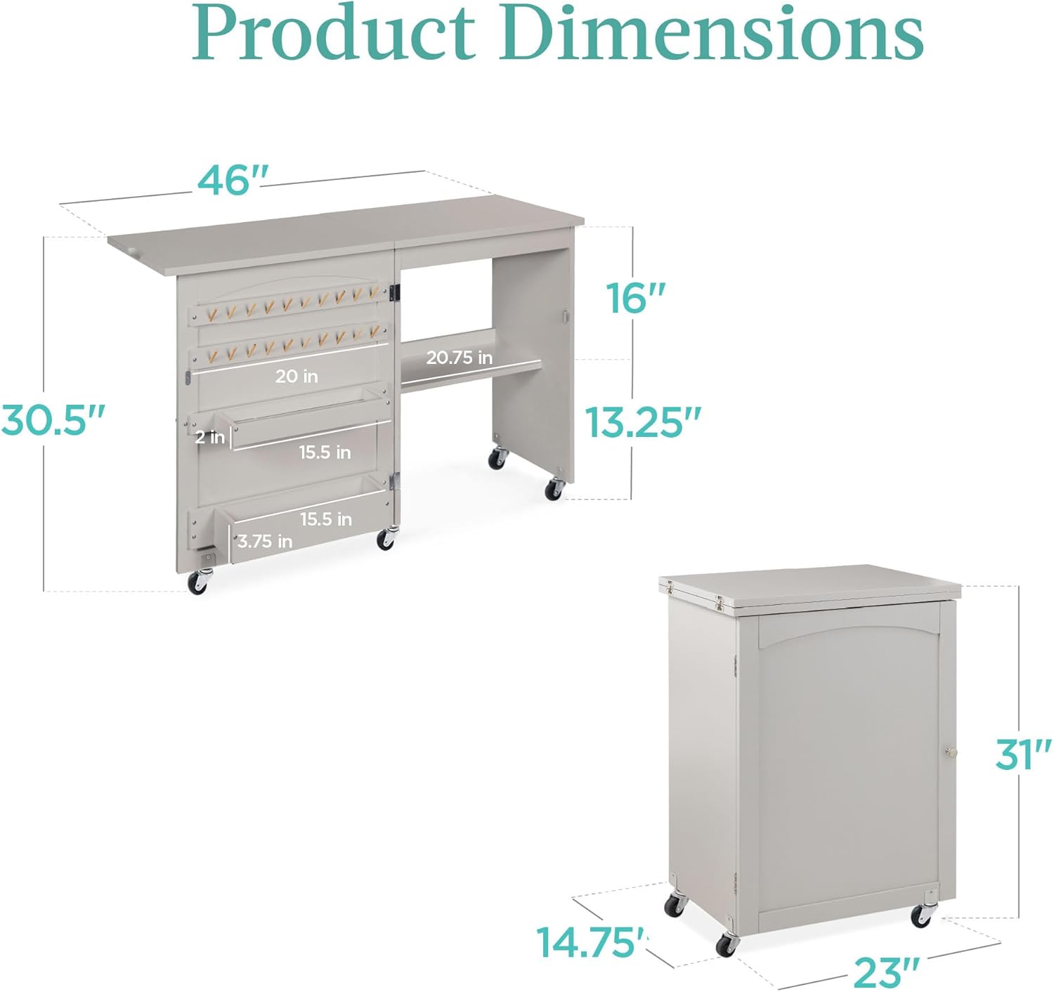 Best Choice Products - Mesa de coser plegable multiusos, estación de manualidades, diseño compacto, ruedas, estantes, almacenamiento, clavijas, puertas magnéticas, pomos de puerta de metal, blanca