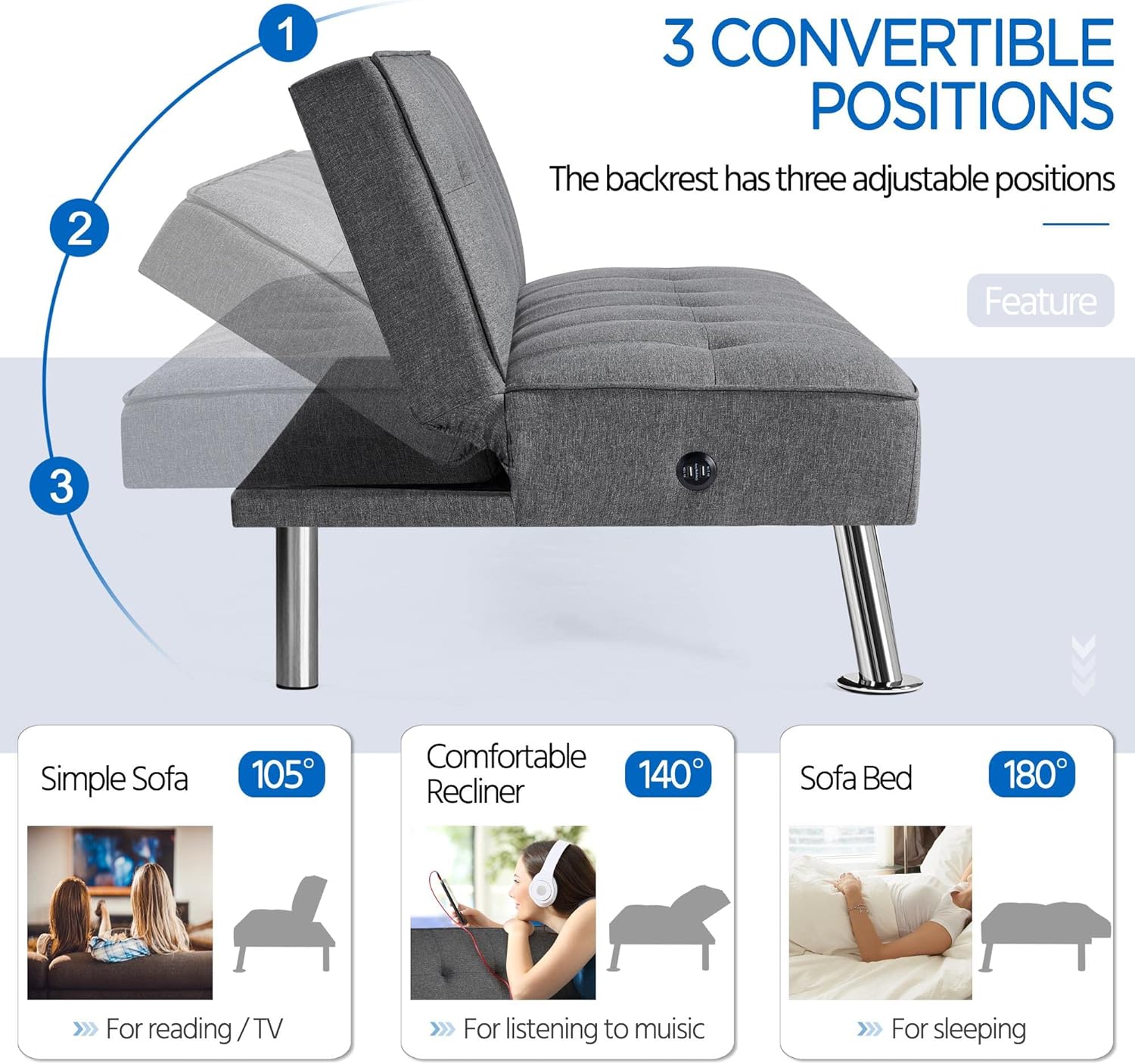 Yaheetech - Sofá Cama Convertible Moderno con 2 Puertos de Carga USB Integrados de Tela, Patas de Metal, 3 ángulos Ajustables para una Vida compacta, Departamento, recámara, habitación Extra Gris