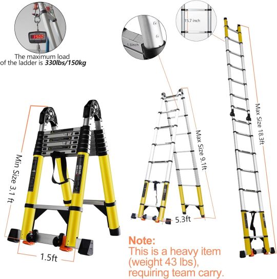 Escalera telescópica de 18 pies con marco A portátil, de aluminio, plegable hasta 38 pulgadas de ancho. Estabilizador/ruedas/soporte de carga ajustable, plegable, escaleras de escalón de 7 + 7 pies-llave inglesa