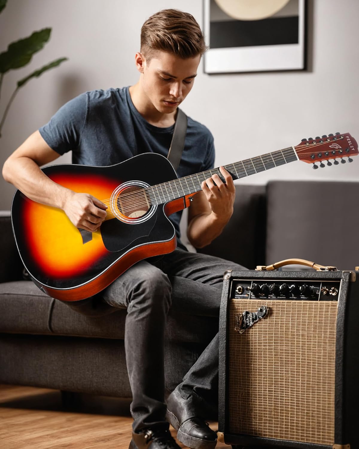 Fesley Guitarra de 12 cuerdas, guitarras eléctricas acústicas de tamaño completo para adultos, guitarra de abeto superior acústica, paquete de guitarra recortada con bolsa de concierto, púas, cuerdas, correa, natural