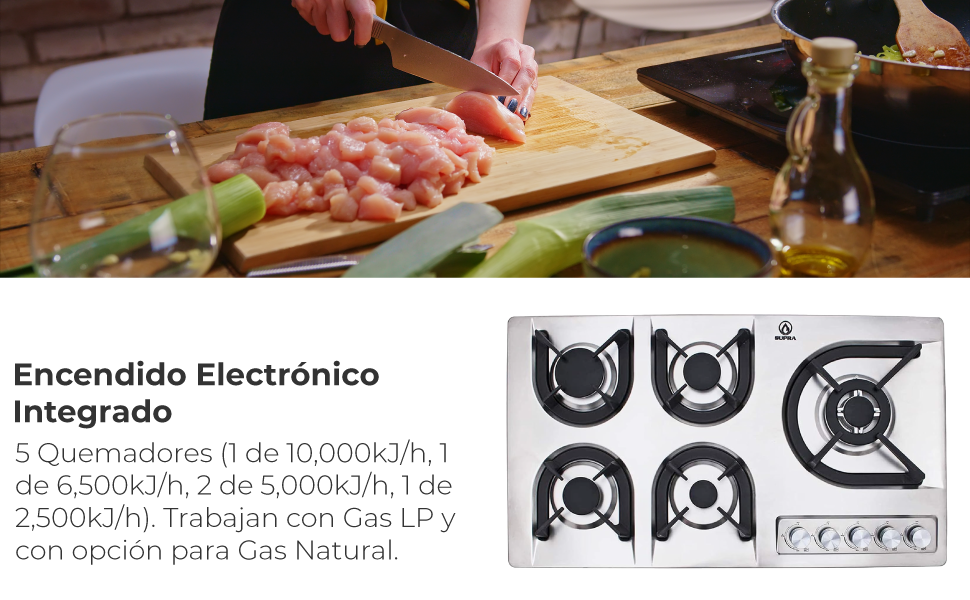 SUPRA Parrilla a gas de 5 quemadores para empotrar de 90 cm