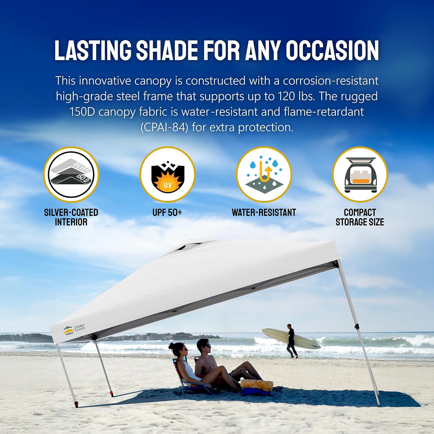 CROWN SHADES - Toldo desplegable de 3.60 x 3.60 metros, toldo patentado de un empuje con bolsa de transporte con ruedas, 8 estacas y 4 cuerdas, negro