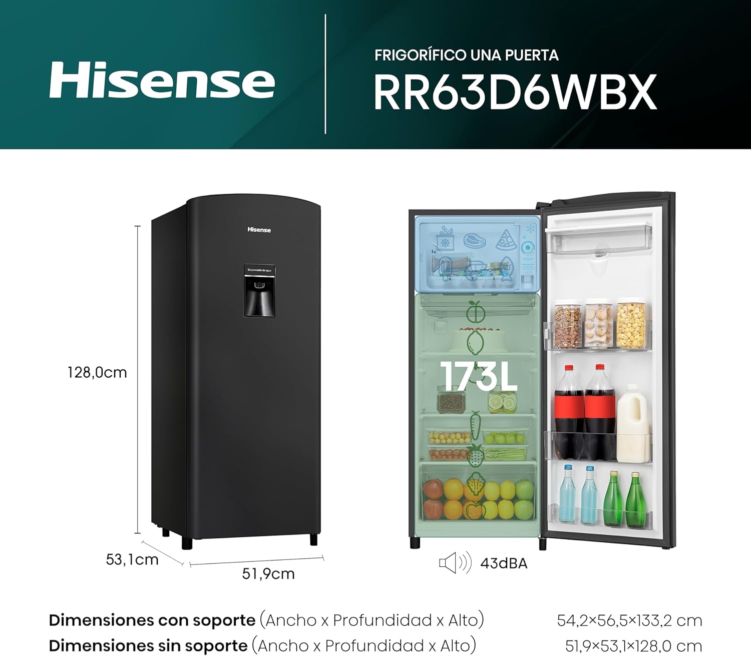 Hisense RR63D6WGX-Refrigerador Una Puerta, 6.3 pies cúbicos con Dispensador de Agua,Deshielo Semiautomático,Sello de Puerta Antibacteriano,52x54x128cm(AnchoxLargoxAlto),Gris