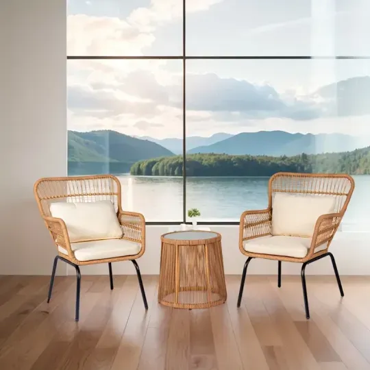 Juego de 3 muebles de mimbre para patio, incluye 2 sillas y una mesa con tapa de vidrio, ideal para porche, exterior, patio trasero, apartamento, balcón, color natural.