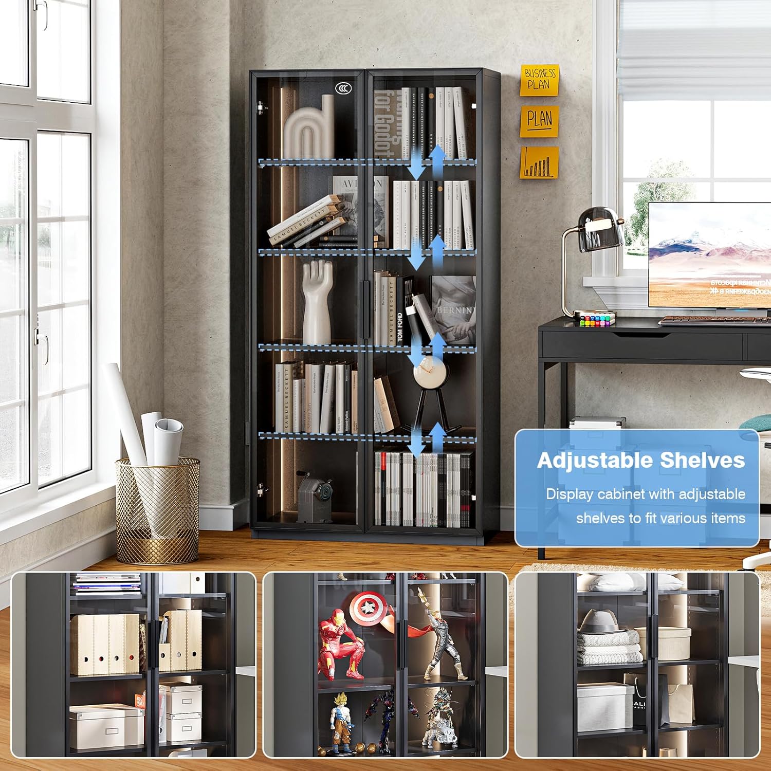 PEUKC - Vitrina con puertas de vidrio, vitrinas con 4 estantes ajustables y cerradura para el hogar, la oficina, la clínica, la despensa, requiere ensamblaje, negro, color madera