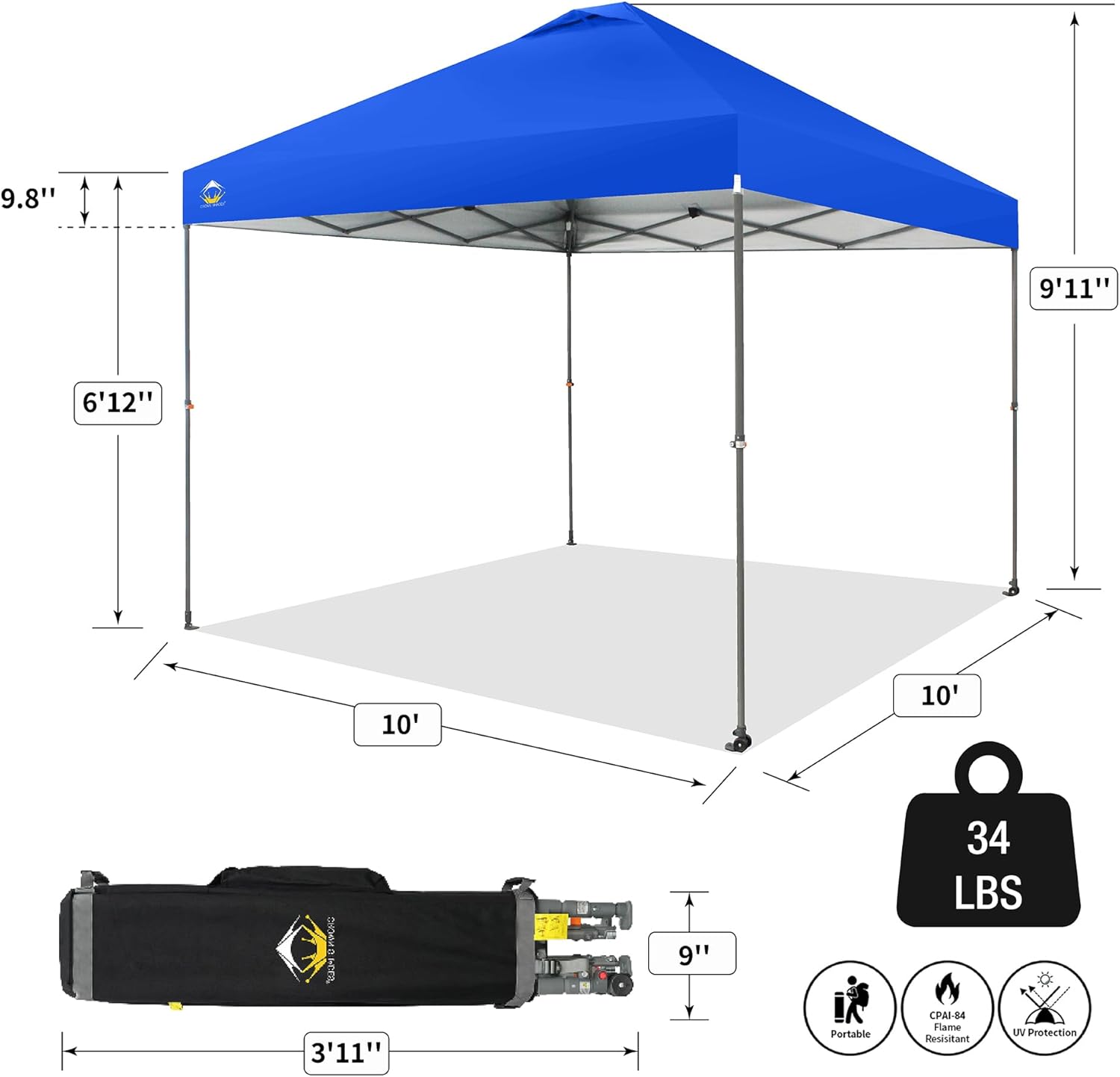 CROWN SHADES - Toldo desplegable de 3.60 x 3.60 metros, toldo patentado de un empuje con bolsa de transporte con ruedas, 8 estacas y 4 cuerdas, negro