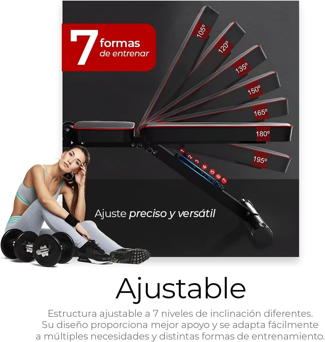 Raganet, Banco Fitness Multiposiscion, Banco de Addominales con 2 Ligas Incluidas, Asiento de Pesas Ajustable en 7 Posiciones, Soporta Hasta 250Kg, Negro