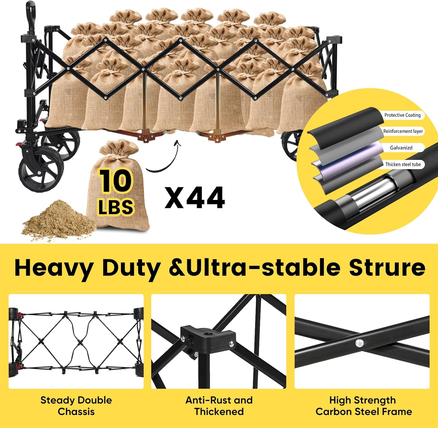 Sekey Carro plegable plegable de 48 pulgadas de largo con capacidad de peso de 420 libras, carro de jardín plegable de 300 litros de servicio pesado con ruedas de playa grandes todo terreno y soportes