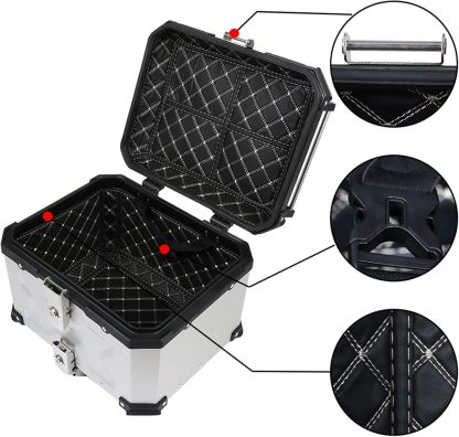 Labwork - Caja trasera para motocicleta de 45 l, con placa de montaje, aleación de aluminio dura, cierre de seguridad contra robo, metal plateado, caja trasera para maletero